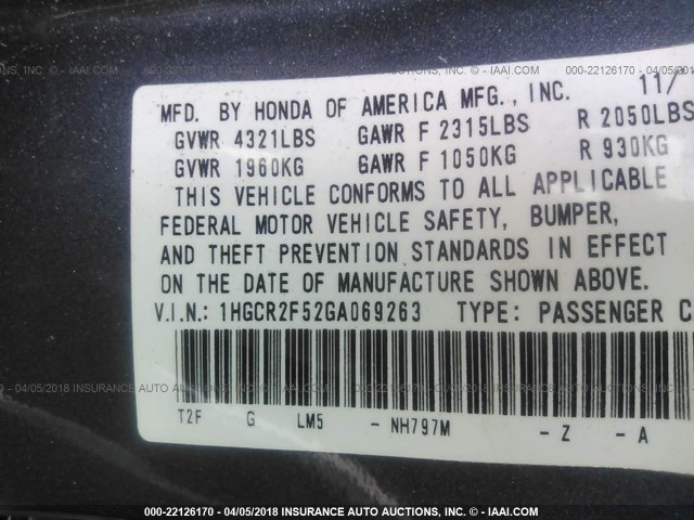 1HGCR2F52GA069263 - 2016 HONDA ACCORD SPORT 灰色 照片 9