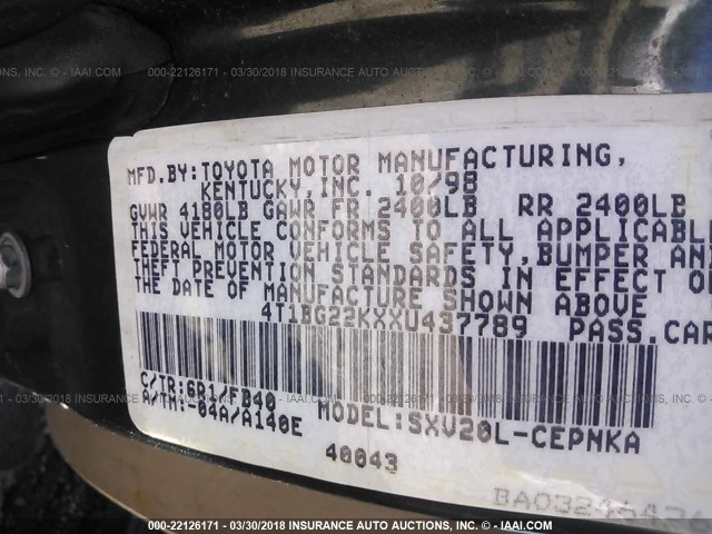 4T1BG22KXXU437789 - 1999 TOYOTA CAMRY CE/LE/XLE 绿色 照片 9