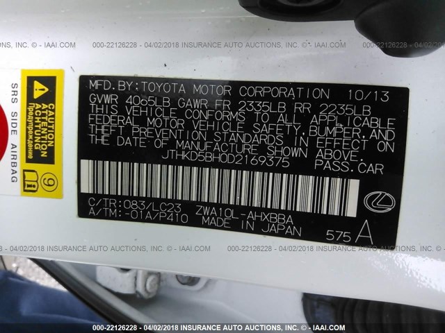 JTHKD5BH0D2169375 - 2013 LEXUS CT 200 WHITE photo 9