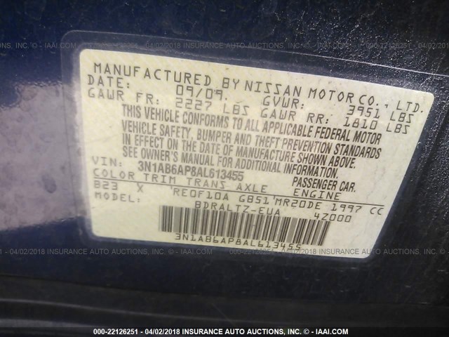 3N1AB6AP8AL613455 - 2010 NISSAN SENTRA 2.0/2.0S/SR/2.0SL BLUE photo 9