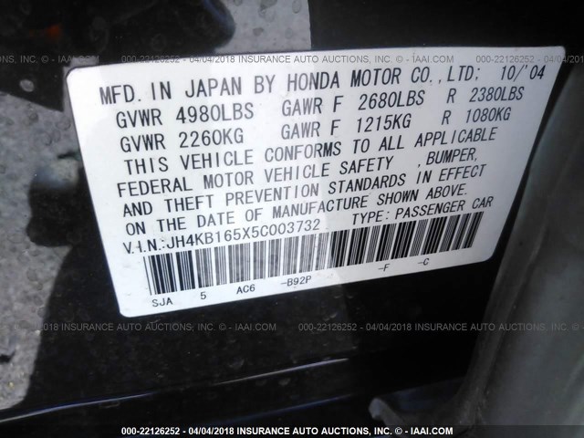 JH4KB165X5C003732 - 2005 ACURA RL Qara foto 9