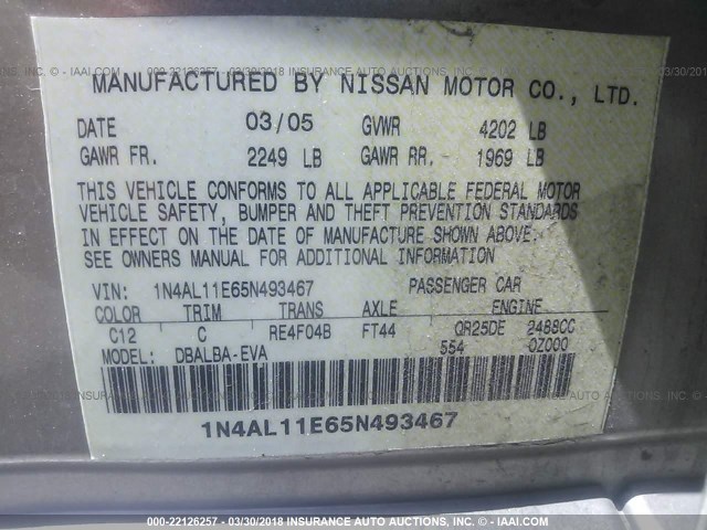 1N4AL11E65N493467 - 2005 NISSAN ALTIMA S/SL GOLD photo 9