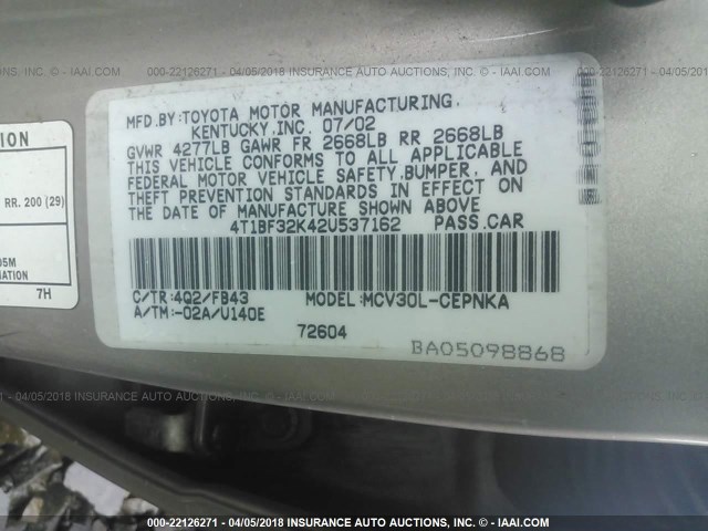 4T1BF32K42U537162 - 2002 TOYOTA CAMRY LE/XLE/SE BEIGE photo 9