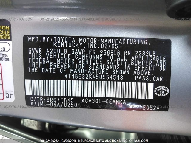 4T1BE32K45U554518 - 2005 TOYOTA CAMRY LE/XLE/SE SILVER photo 9