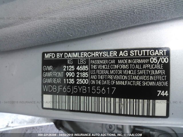 WDBJF65J5YB155617 - 2000 MERCEDES-BENZ E 320 SILVER photo 9