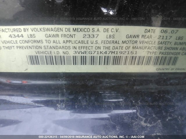 3VWEG71K47M192151 - 2007 VOLKSWAGEN JETTA WOLFSBURG 黑色 照片 9