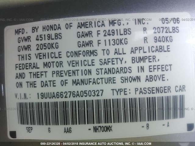 19UUA66276A050327 - 2006 ACURA 3.2TL SILVER photo 9