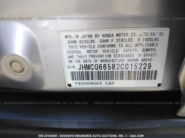 JHMCG66582C015229 - 2002 HONDA ACCORD LX SILVER photo 9