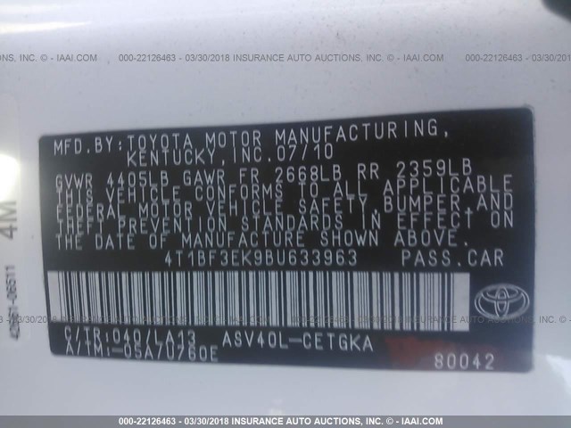 4T1BF3EK9BU633963 - 2011 TOYOTA CAMRY SE/LE/XLE WHITE photo 9