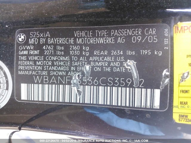WBANF33536CS35932 - 2006 BMW 525 XI 黑色 照片 9