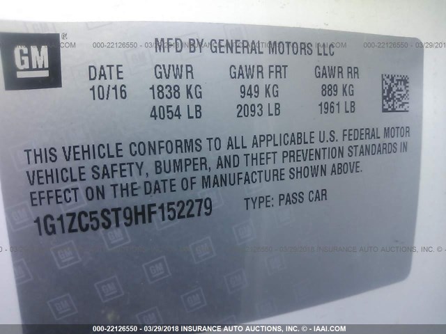 1G1ZC5ST9HF152279 - 2017 CHEVROLET MALIBU LS 白色 照片 9