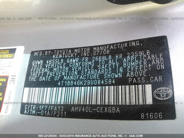 4T1BB46K29U084584 - 2009 TOYOTA CAMRY HYBRID SILVER photo 9