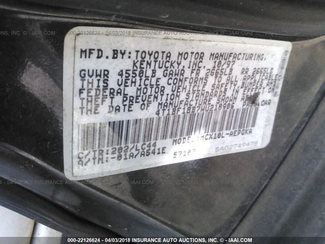 4T1BF18B7WU218906 - 1998 TOYOTA AVALON XL/XLS BLACK photo 9