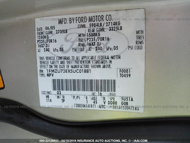 1FMZU73EX5UC01881 - 2005 FORD EXPLORER XLT/XLT SPORT/NBX GOLD photo 9