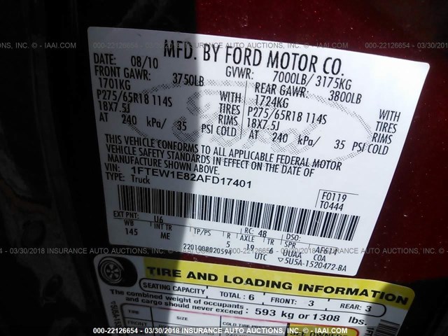 1FTEW1E82AFD17401 - 2010 FORD F150 SUPERCREW RED photo 9