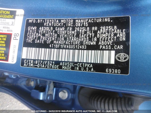 4T1BF1FK4GU512493 - 2016 TOYOTA CAMRY LE/XLE/SE/XSE ლურჯი ფოტო 9