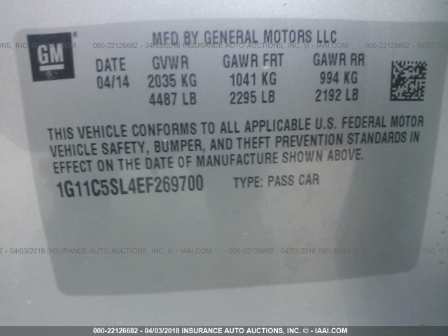 1G11C5SL4EF269700 - 2014 CHEVROLET MALIBU 1LT SILVER photo 9