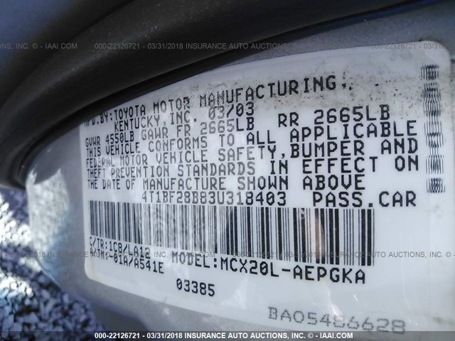 4T1BF28B83U318403 - 2003 TOYOTA AVALON XL/XLS SILVER photo 9