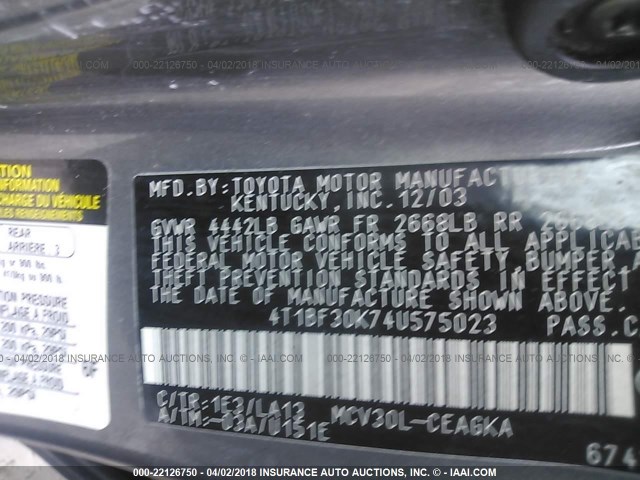 4T1BF30K74U575023 - 2004 TOYOTA CAMRY LE/XLE/SE 灰色 照片 9