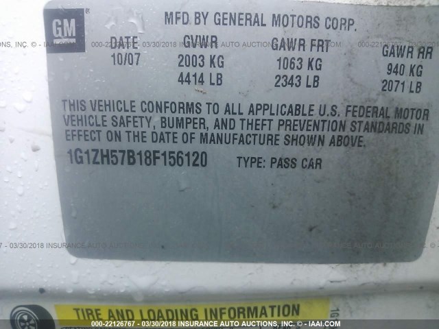 1G1ZH57B18F156120 - 2008 CHEVROLET MALIBU 1LT 白色 照片 9