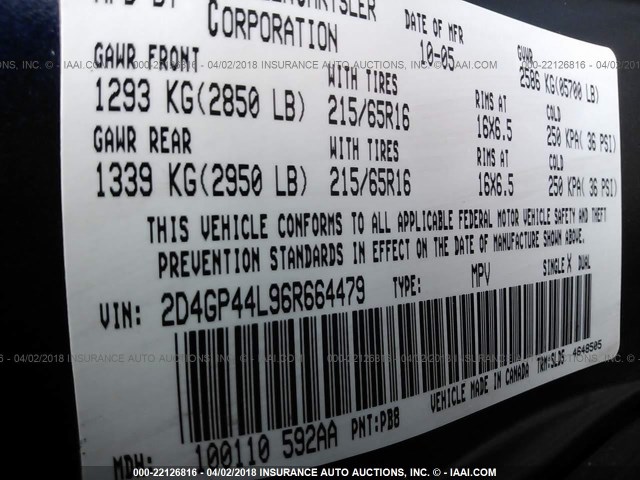 2D4GP44L96R664479 - 2006 DODGE GRAND CARAVAN SXT BLUE photo 9