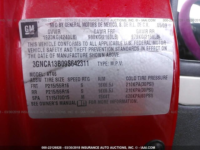 3GNCA13B09S642311 - 2009 CHEVROLET HHR LS RED photo 9
