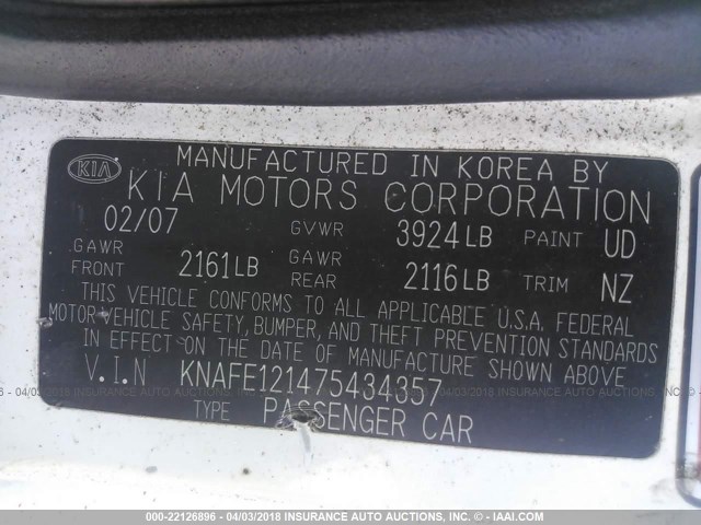 KNAFE121475434357 - 2007 KIA SPECTRA EX/LX WHITE photo 9