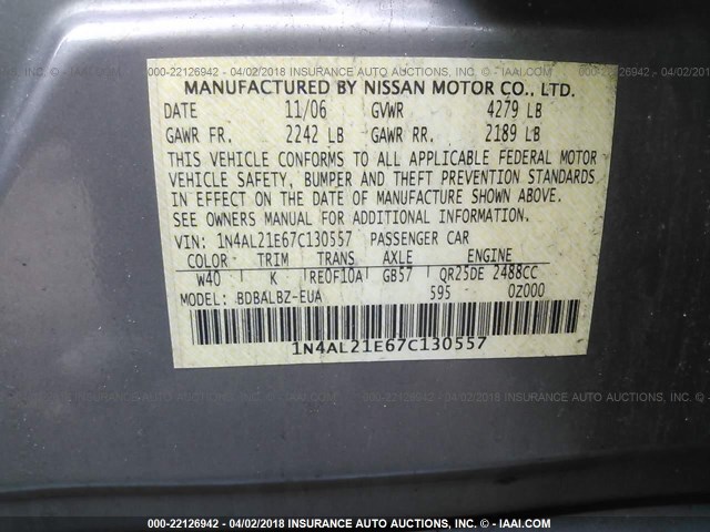 1N4AL21E67C130557 - 2007 NISSAN ALTIMA 2.5/2.5S GRAY photo 9