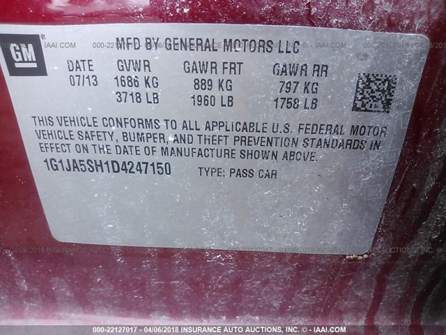 1G1JA5SH1D4247150 - 2013 CHEVROLET SONIC LS 红色 照片 9