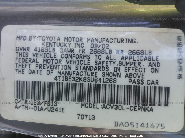 4T1BE32K83U641268 - 2003 TOYOTA CAMRY LE/XLE/SE BROWN photo 9