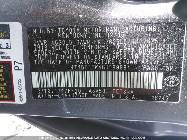 4T1BF1FK4GU199994 - 2016 TOYOTA CAMRY LE/XLE/SE/XSE GRAY photo 9