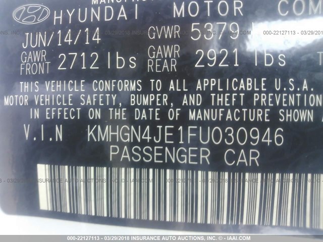 KMHGN4JE1FU030946 - 2015 HYUNDAI GENESIS 3.8L WHITE photo 9