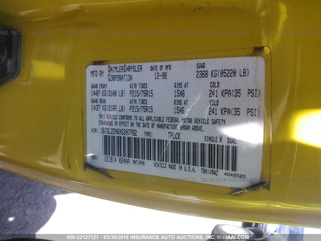 1B7GL22X6XS207762 - 1999 DODGE DAKOTA YELLOW photo 9