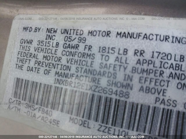 1NXBR12E1XZ269488 - 1999 TOYOTA COROLLA VE/CE/LE 灰色 照片 9