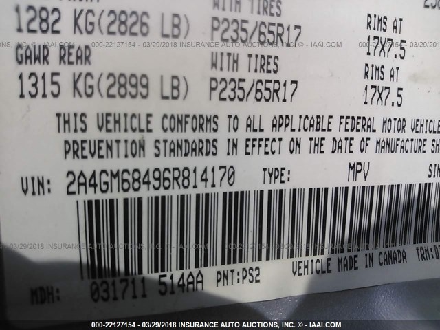 2A4GM68496R814170 - 2006 CHRYSLER PACIFICA TOURING SILVER photo 9