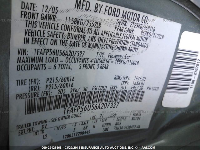 1FAFP56U56A207327 - 2006 FORD TAURUS SEL GRAY photo 9