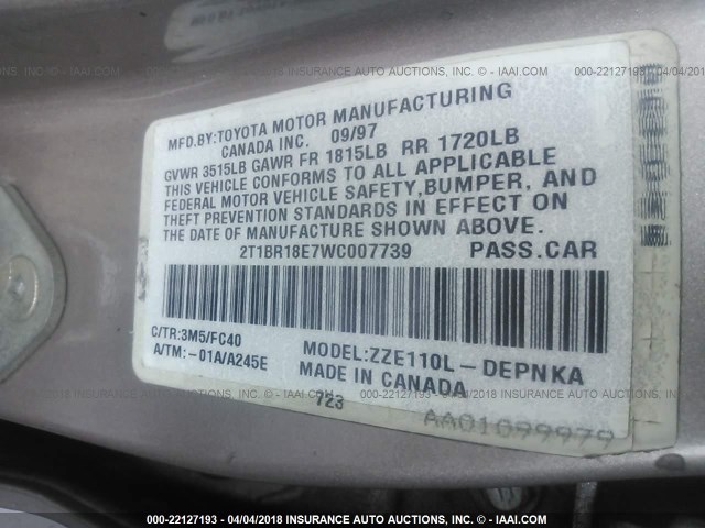 2T1BR18E7WC007739 - 1998 TOYOTA COROLLA VE/CE/LE 米色 照片 9