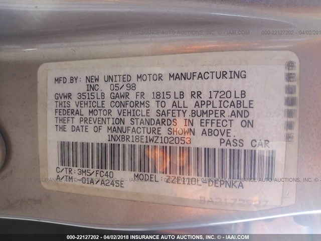 1NXBR18E1WZ102053 - 1998 TOYOTA COROLLA VE/CE/LE 米色 照片 9