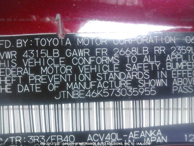 JTNBE46K573035955 - 2007 TOYOTA CAMRY NEW GENERAT CE/LE/XLE/SE RED photo 9