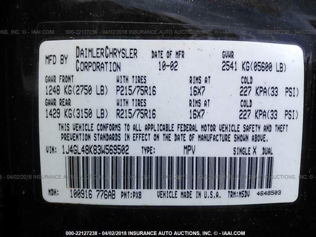 1J4GL48K83W569502 - 2003 JEEP LIBERTY SPORT/FREEDOM შავი ფოტო 9