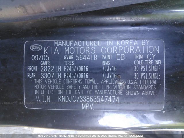 KNDJC733865547474 - 2006 KIA SORENTO EX/LX BLACK photo 9