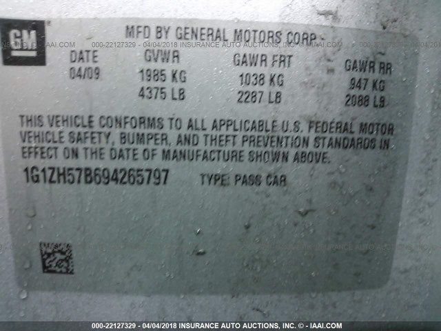 1G1ZH57B694265797 - 2009 CHEVROLET MALIBU 1LT SILVER photo 9