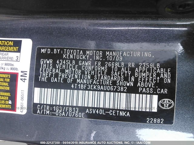 4T1BF3EK9AU067382 - 2010 TOYOTA CAMRY SE/LE/XLE 灰色 照片 9