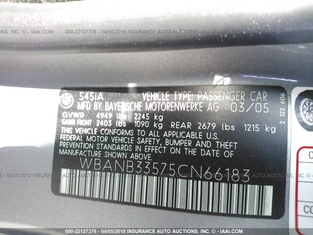 WBANB33575CN66183 - 2005 BMW 545 I GRAY photo 9