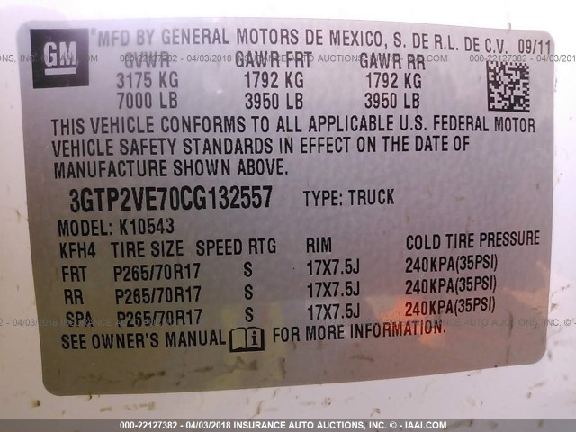 3GTP2VE70CG132557 - 2012 GMC SIERRA K1500 SLE WHITE photo 9