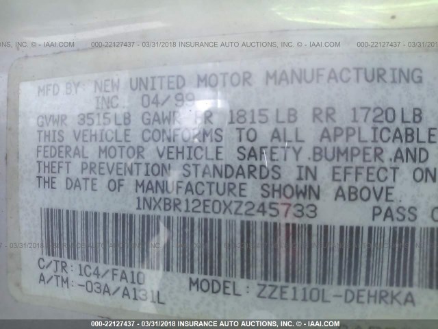 1NXBR12E0XZ245733 - 1999 TOYOTA COROLLA VE/CE/LE 灰色 照片 9