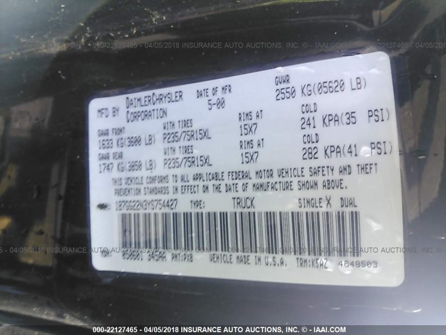 1B7GG22N3YS754427 - 2000 DODGE DAKOTA BLACK photo 9