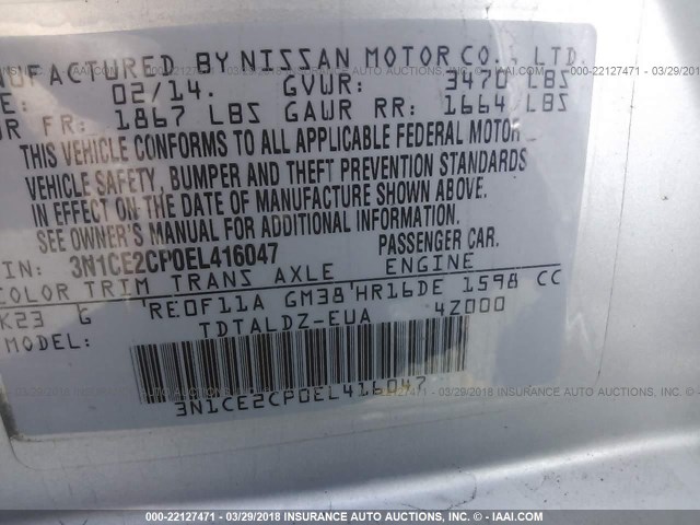 3N1CE2CP0EL416047 - 2014 NISSAN VERSA NOTE S/S PLUS/SV/SL SILVER photo 9
