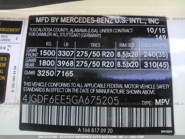 4JGDF6EE5GA675205 - 2016 MERCEDES-BENZ GL 450 4MATIC WHITE photo 9