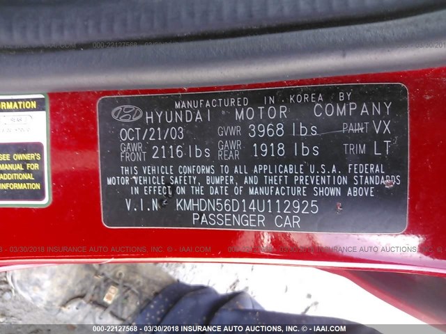 KMHDN56D14U112925 - 2004 HYUNDAI ELANTRA GLS/GT RED photo 9